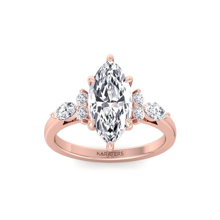 Marquise Shape Lab Grown Diamond Engagement Ring with Marquise and Round Sidestones-14K-18K-1CT-2CT-3CT-4CT-5CT-6CT-7CT-8CT-9CT-10CT-Rose Gold
