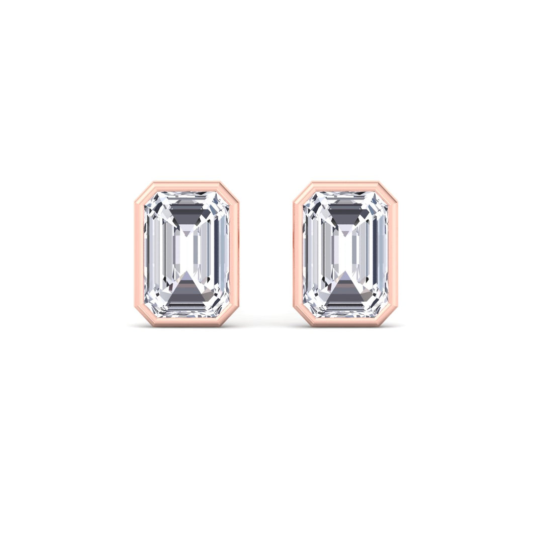 Bezel Set Emerald Shape Lab Grown Diamond Studs Rose Gold