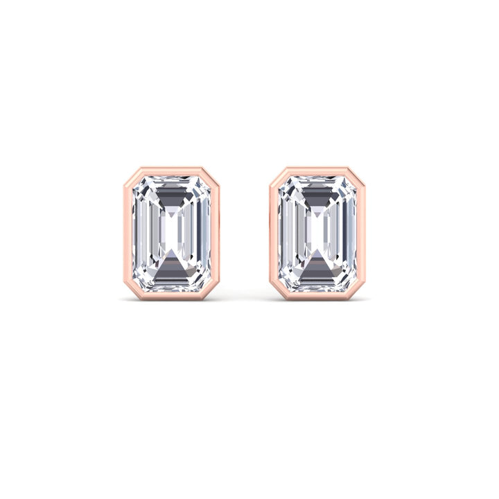 Bezel Set Emerald Shape Lab Grown Diamond Studs Rose Gold