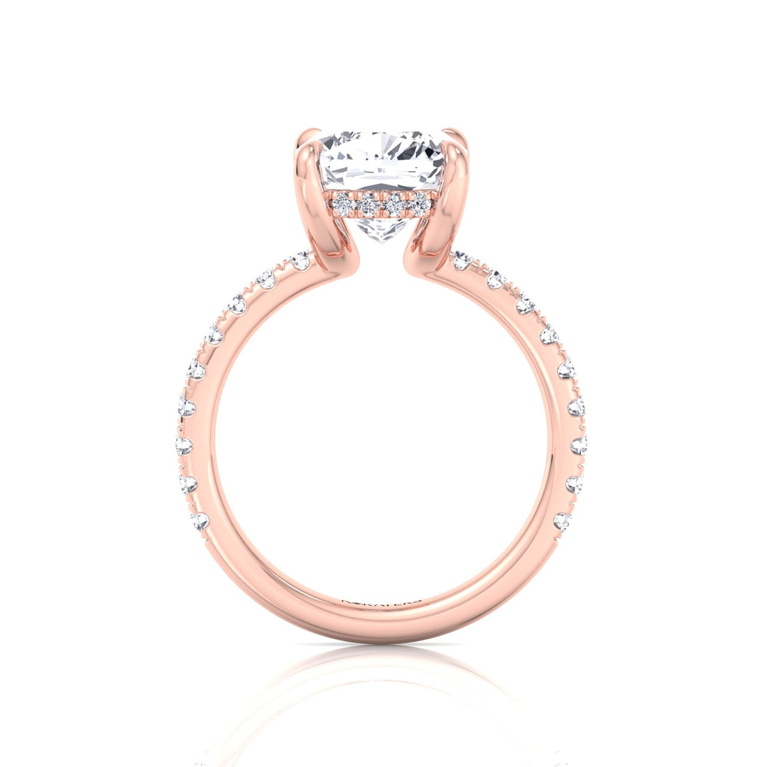 Cushion Cut Lab Grown Diamond Engagement Ring with Sidestones and Hidden Halo Rose Gold