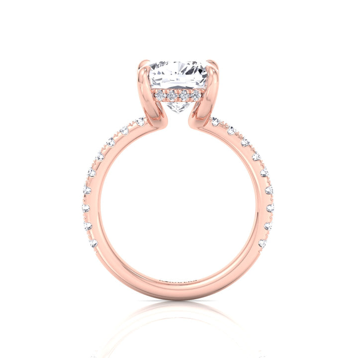 Cushion Cut Lab Grown Diamond Engagement Ring with Sidestones and Hidden Halo Rose Gold