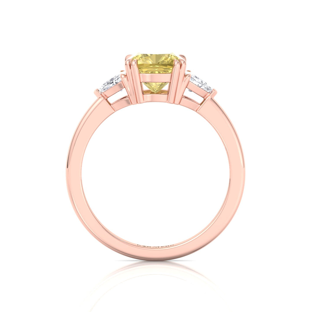 Fancy Yellow Cushion Cut Lab Grown Diamond Engagement Ring with Trillion Sidestones Rose Gold