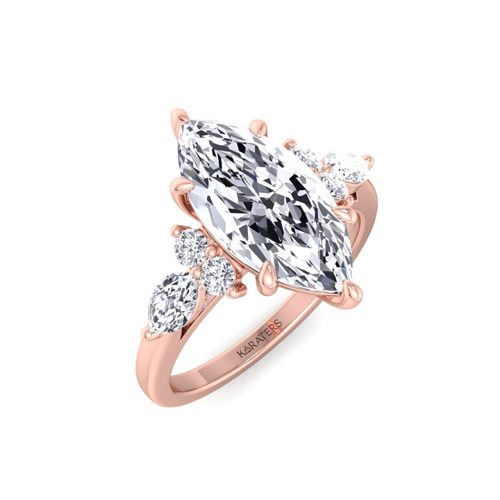 Marquise Shape Lab Grown Diamond Engagement Ring with Marquise and Round Sidestones-18K-1CT-2CT-3CT-4CT-5CT-6CT-7CT-8CT-9CT-10CT-Rose Gold