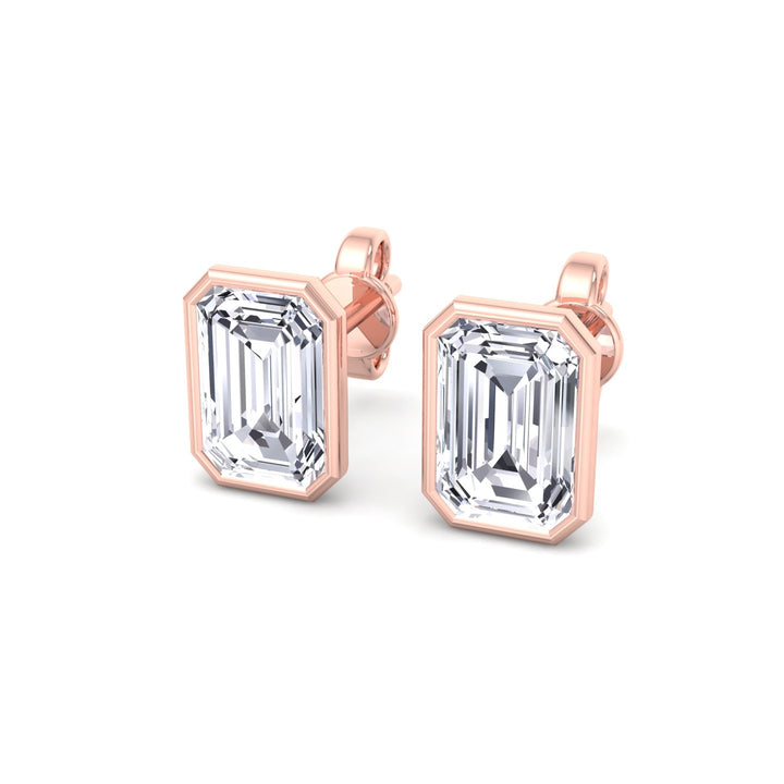 Bezel Set Emerald Shape Lab Grown Diamond Studs Rose Gold  14K