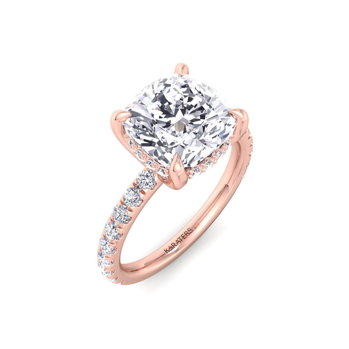Cushion Cut Lab Grown Diamond Engagement Ring with Sidestones and Hidden Halo Rose Gold 18K
