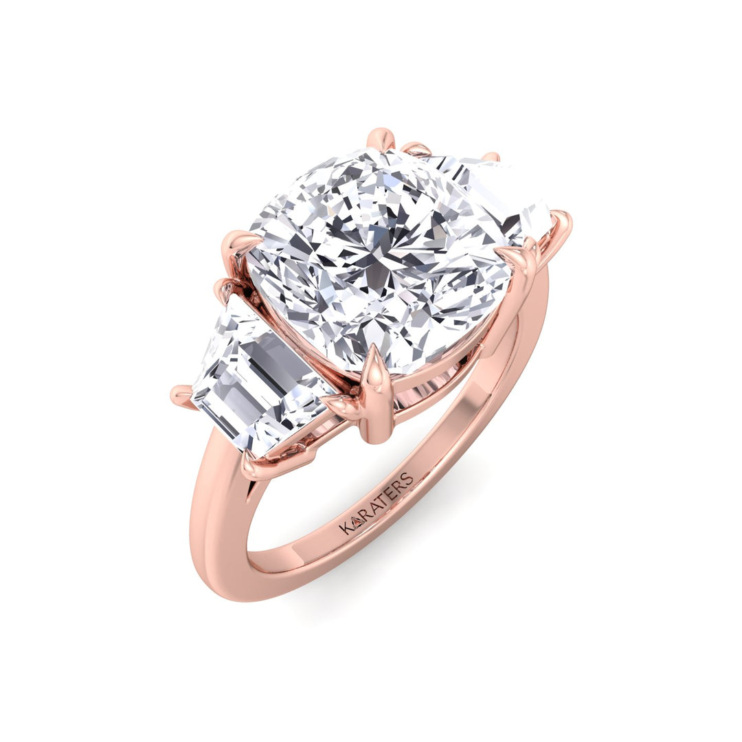 Cushion & Trapezoid Three Stone Lab-Diamond Engagement Ring Rose Gold 18K