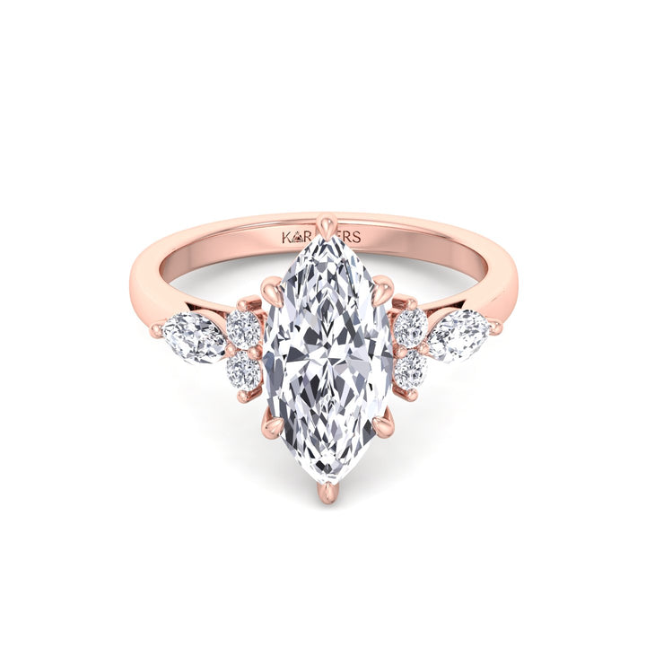 Marquise Shape Lab Grown Diamond Engagement Ring with Marquise and Round Sidestones-14K-18K-Rose Gold