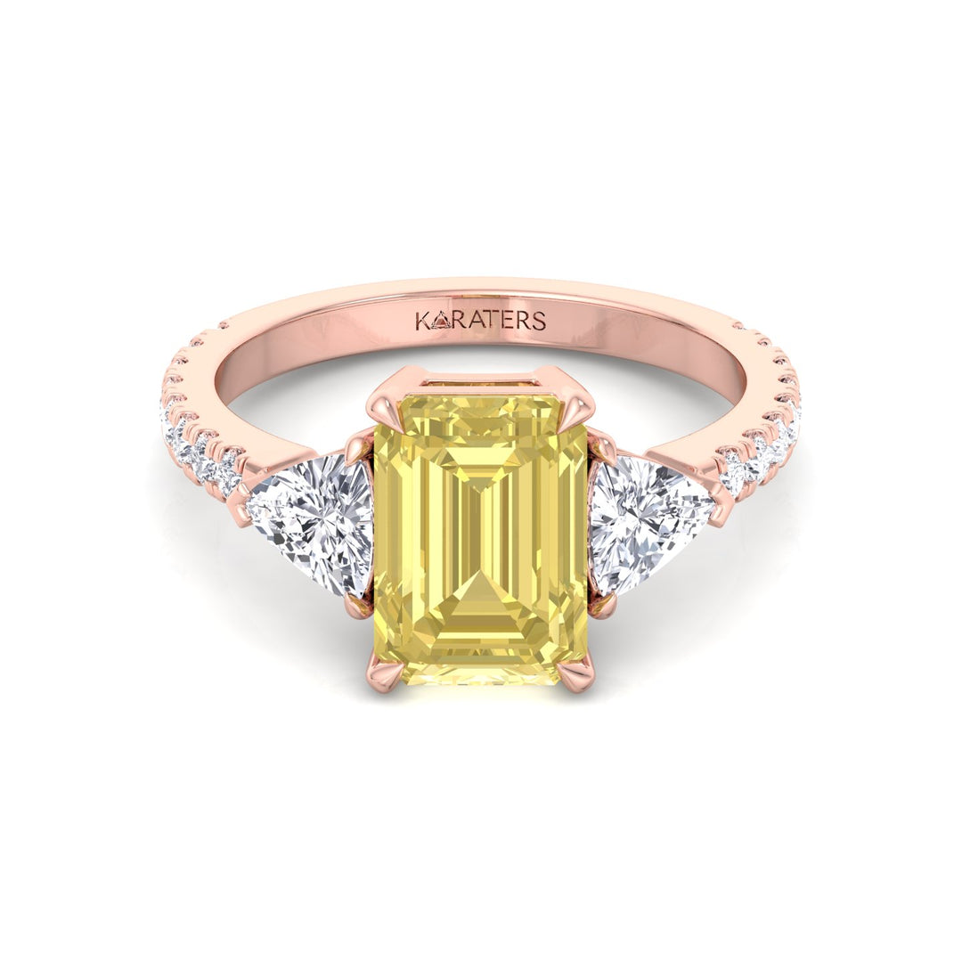 Fancy Yellow Emerald Shape Lab-Grown Diamond Engagement Ring with Trillion and Pave Sidestones