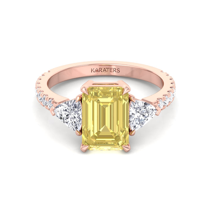 Fancy Yellow Emerald Shape Lab-Grown Diamond Engagement Ring with Trillion and Pave Sidestones