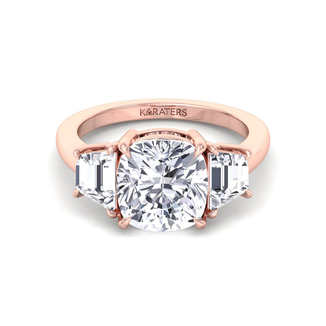Cushion & Trapezoid Three Stone Lab-Diamond Engagement Ring Rose Gold 14K