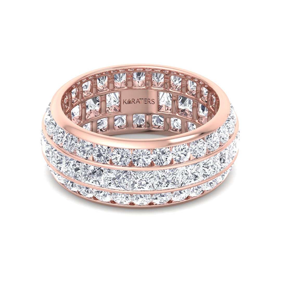 3 Row Channel Set Princess And Round Cut Lab Grown Diamond Eternity Band -  Rose Gold 18K