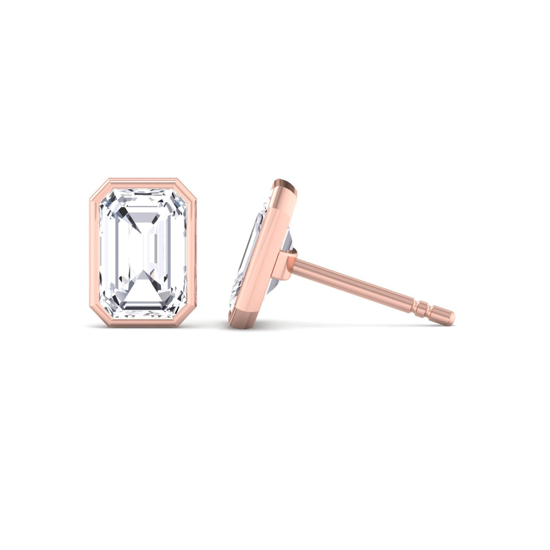 Bezel Set Emerald Shape Lab Grown Diamond Studs Rose Gold 18K