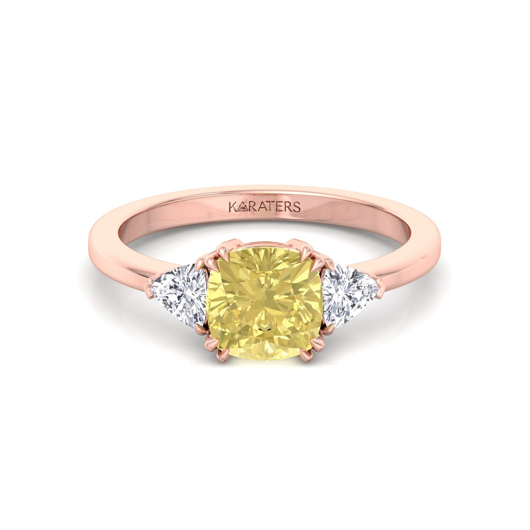 Fancy Yellow Cushion Cut Lab Grown Diamond Engagement Ring with Trillion Sidestones Rose Gold 14K
