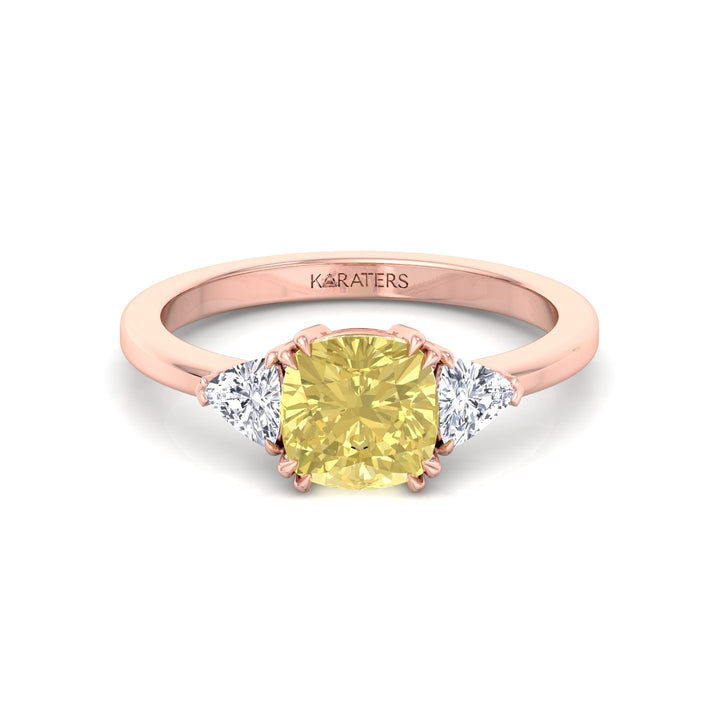 Fancy Yellow Cushion Cut Lab Grown Diamond Engagement Ring with Trillion Sidestones Rose Gold 14K