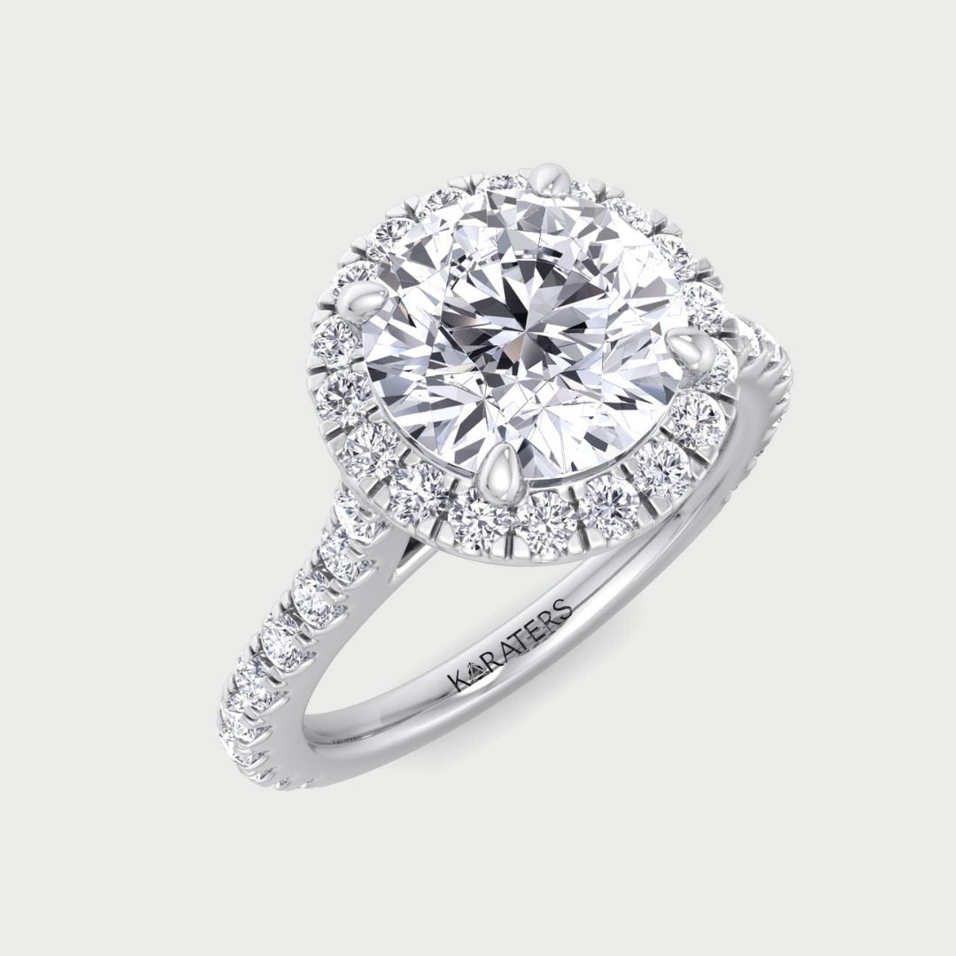 Round Halo Lab Grown Diamond Engagement Ring With Thin Pave Band