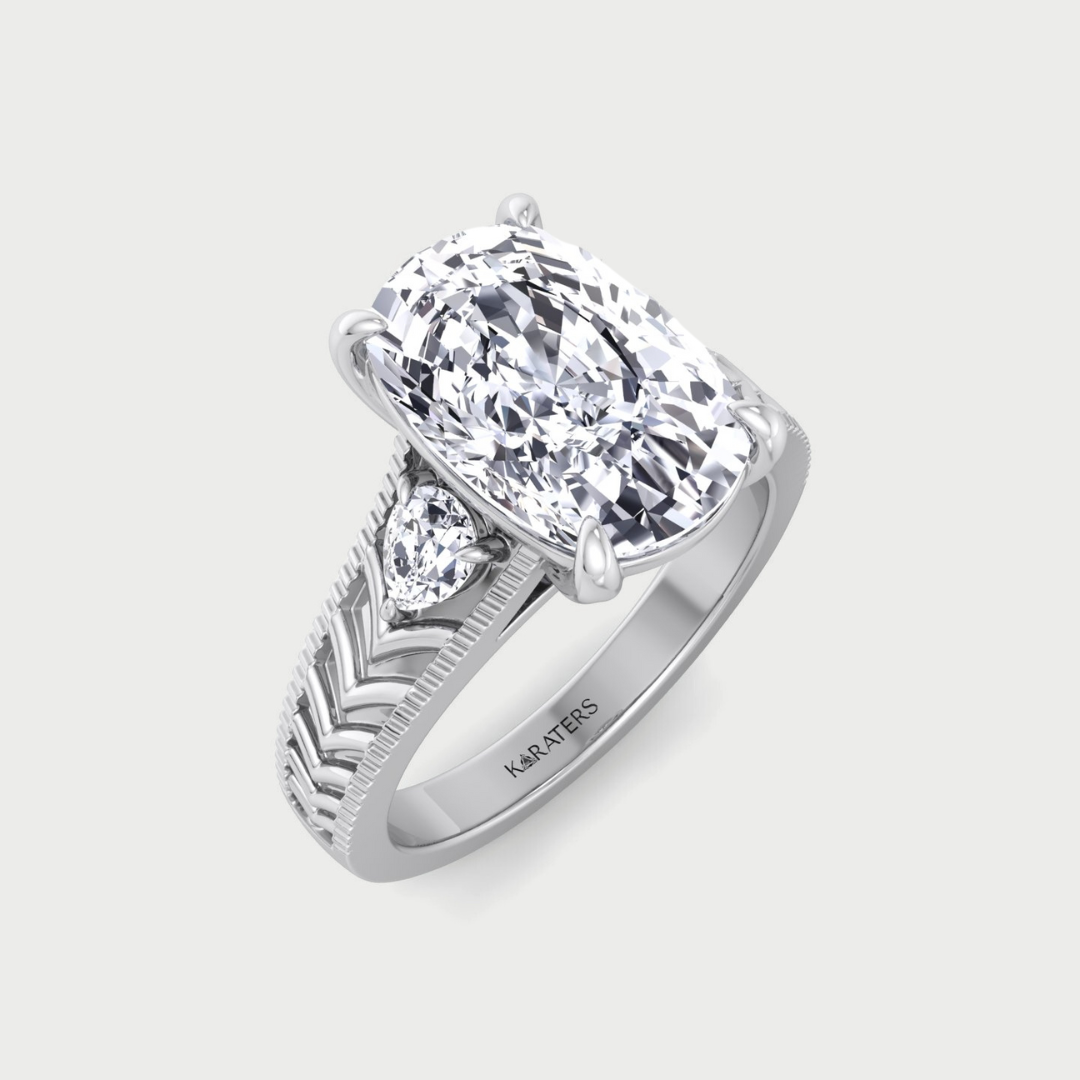 Vintage Style Elongated Cushion-Cut Lab Grown Diamond Engagement Ring with Pear Sidestones