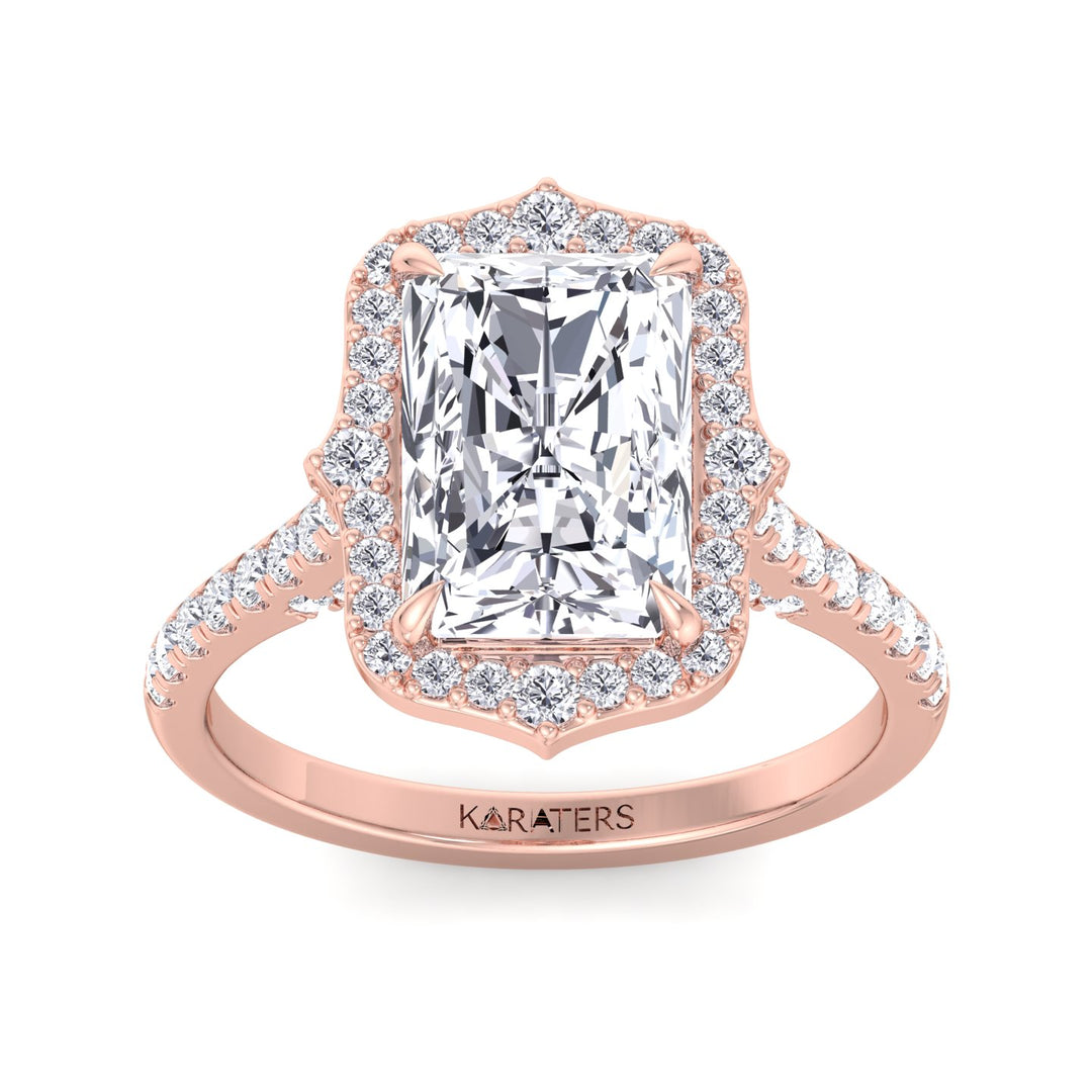 Vintage Style Radiant Cut Lab Grown Diamond Engagement Ring with Halo Rose Gold 18K