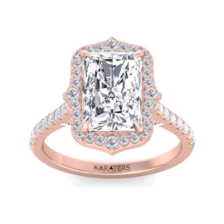 Vintage Style Radiant Cut Lab Grown Diamond Engagement Ring with Halo Rose Gold 18K