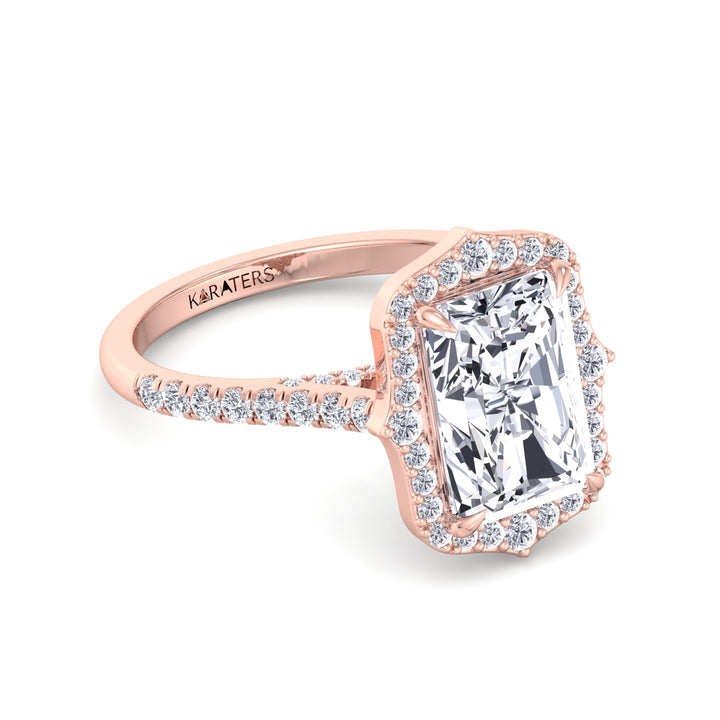 Vintage Style Radiant Cut Lab Grown Diamond Engagement Ring with Halo Rose Gold 14K
