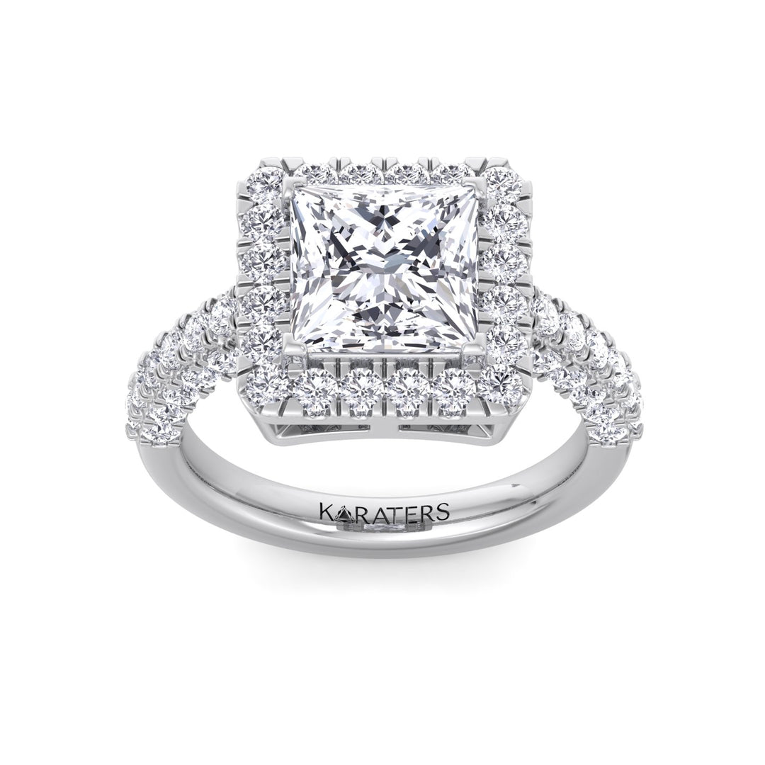 Princess Shape Lab Grown Diamond Halo Engagement Ring with a Semi Pave Band
