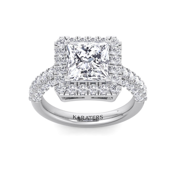 Princess Shape Lab Grown Diamond Halo Engagement Ring with a Semi Pave Band