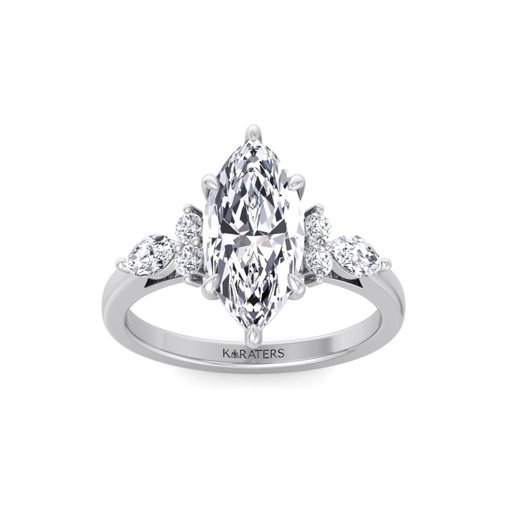Marquise Shape Lab Grown Diamond Engagement Ring with Marquise and Round Sidestones-14K-18K-1CT-2CT-3CT-4CT-5CT-6CT-7CT-8CT-9CT-10CT-White Gold