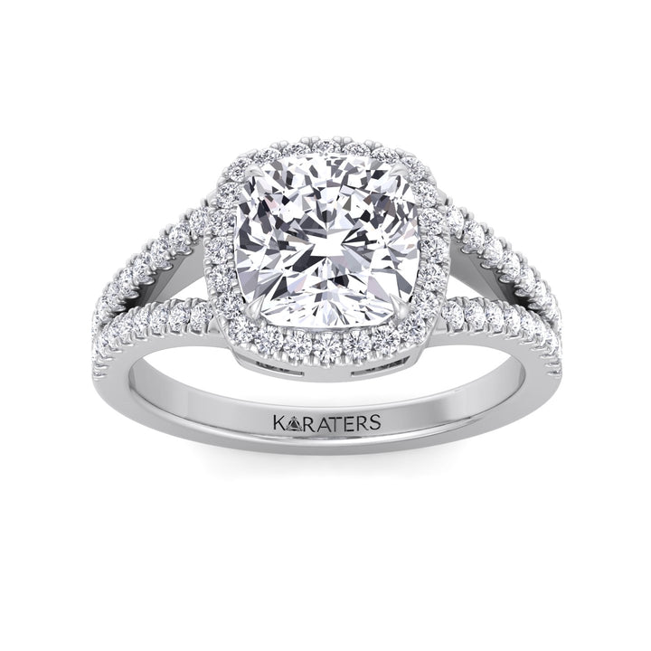 Cushion Cut Lab Grown Diamond Halo Engagement Ring with Split Pave Band