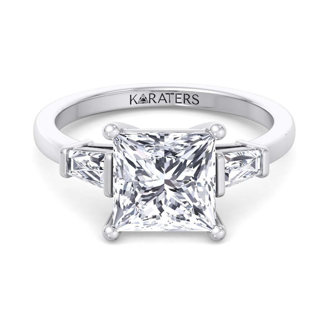 Princess Cut Grown Diamond Solitaire Engagement Ring With Tapered Baguette Sidestones