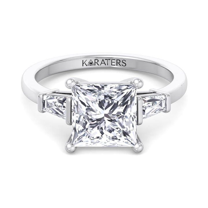 Princess Cut Grown Diamond Solitaire Engagement Ring With Tapered Baguette Sidestones