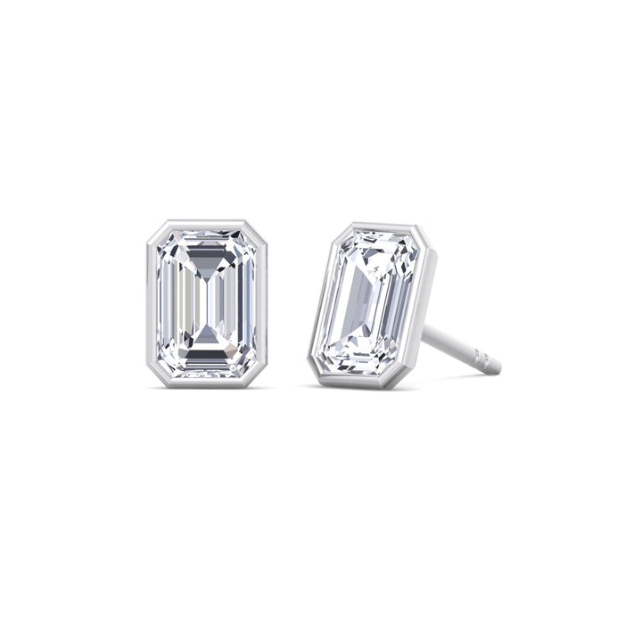 Bezel Set Emerald Shape Lab Grown Diamond Studs Platinum