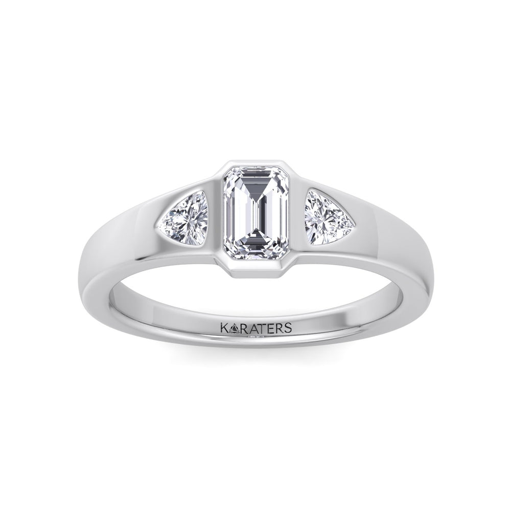 Bezel Set Emerald Lab Grown Diamond with Trillion Sidestones Engagement Ring White Gold 14K 18K