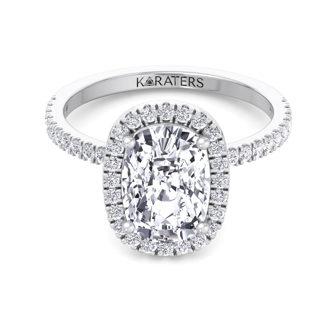 Elongated Cushion Cut Halo Lab Grown Diamond Engagement Ring with Side Stones