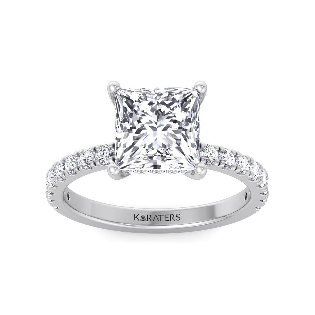 Princess Cut Lab Grown Diamond Engagement Ring with Hidden Halo and Pave Band