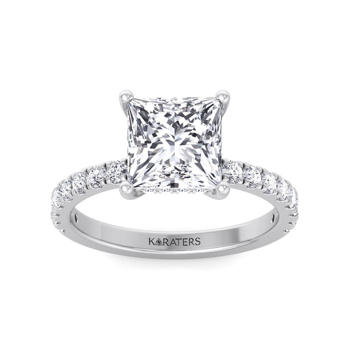 Princess Cut Lab Grown Diamond Engagement Ring with Hidden Halo and Pave Band