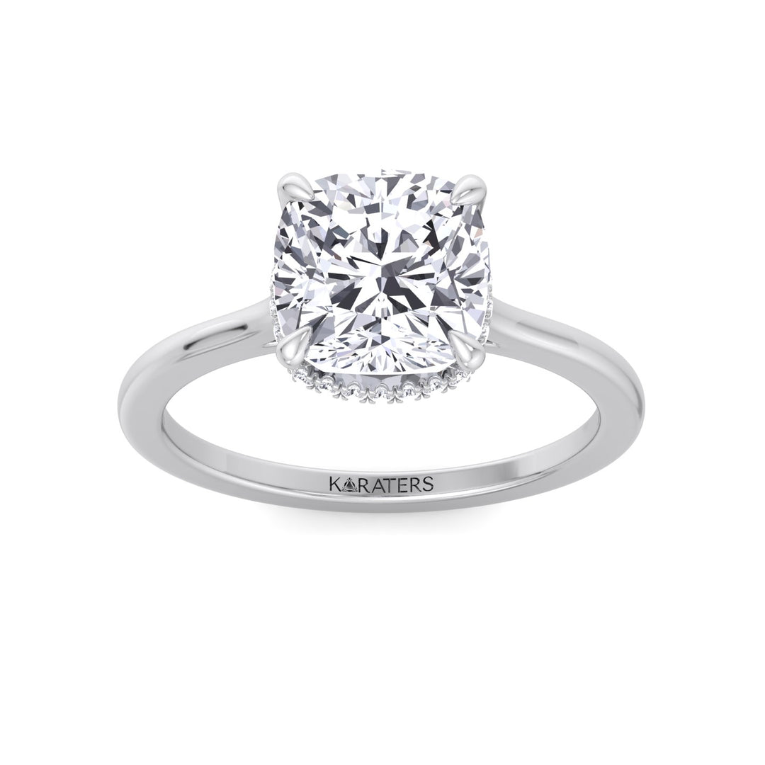 Cushion Cut Lab Grown Diamond Solitaire Engagement Ring with Hidden Halo