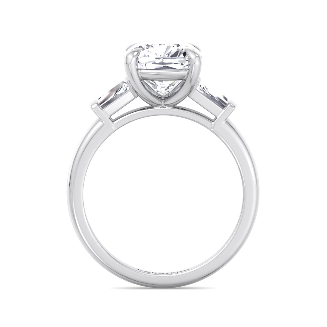 Cushion Cut Solitaire Lab Diamond Engagement Ring with Tapered Baguette SideStones
