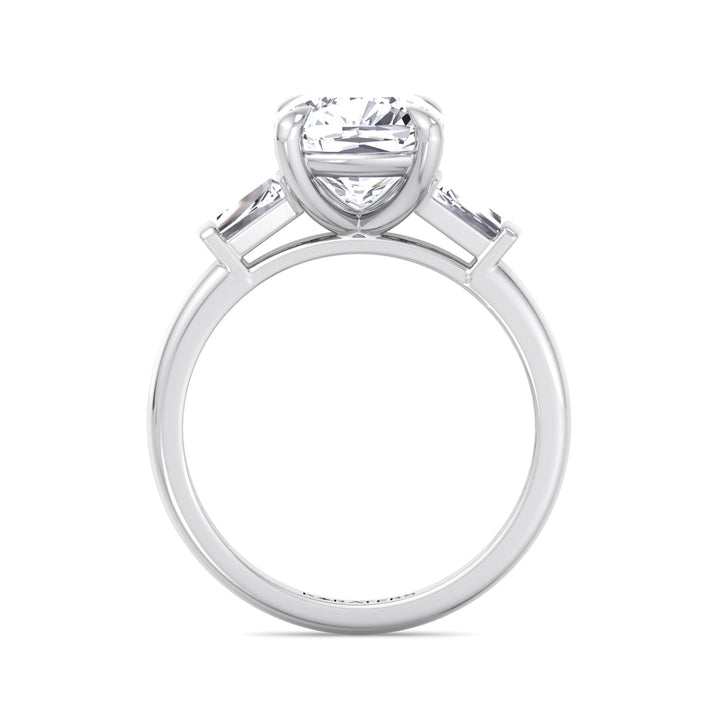 Cushion Cut Solitaire Lab Diamond Engagement Ring with Tapered Baguette SideStones
