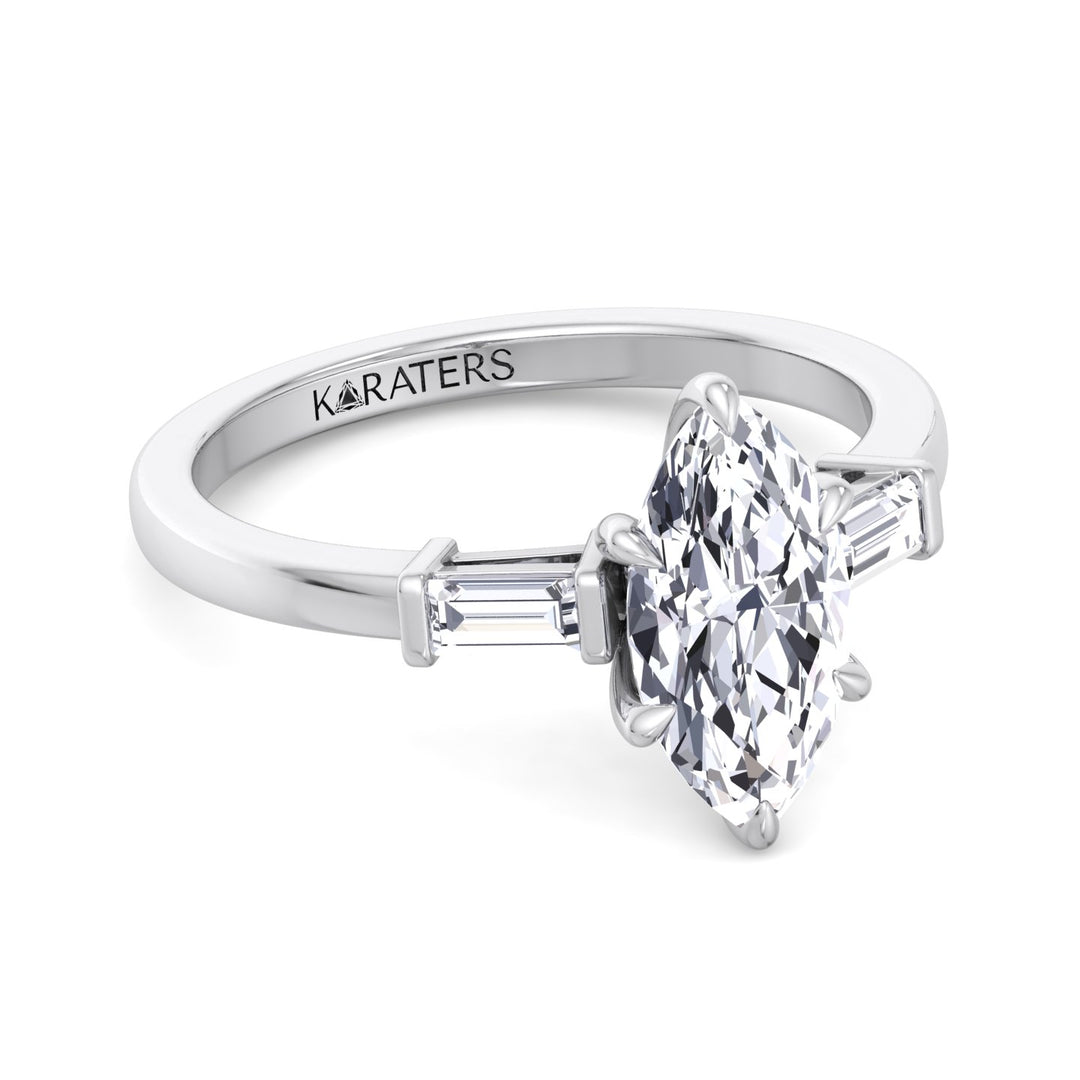 Marquise Shape Lab Grown Diamond Engagement Ring With Baguette SideStones