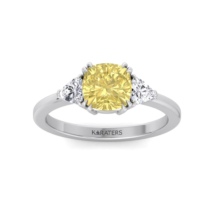 Fancy Yellow Cushion Cut Lab Grown Diamond Engagement Ring with Trillion Sidestones White Gold 14K 18K