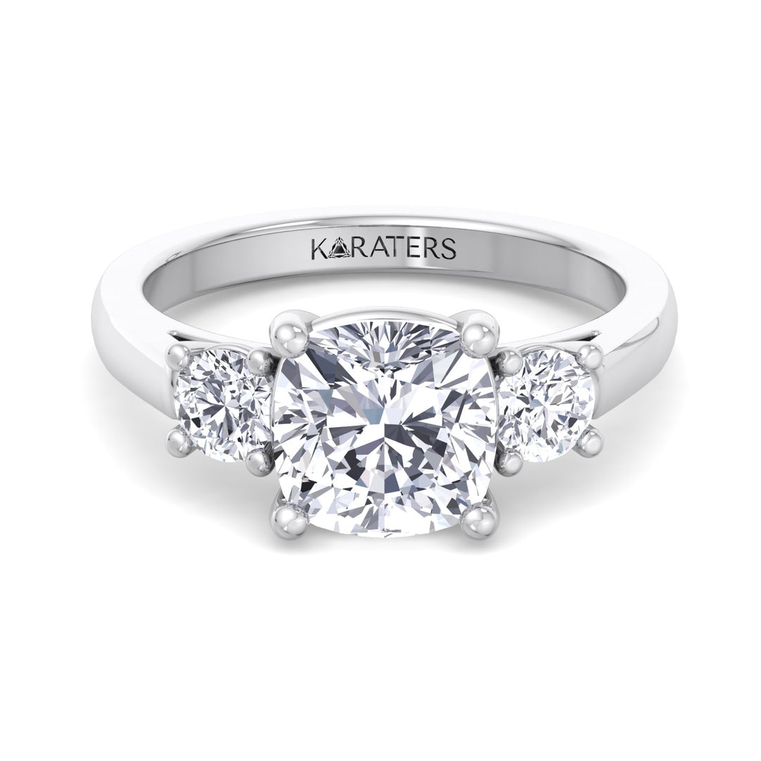 Cushion Cut Solitaire Lab Grown Diamond Engagement Ring With Round SideStones