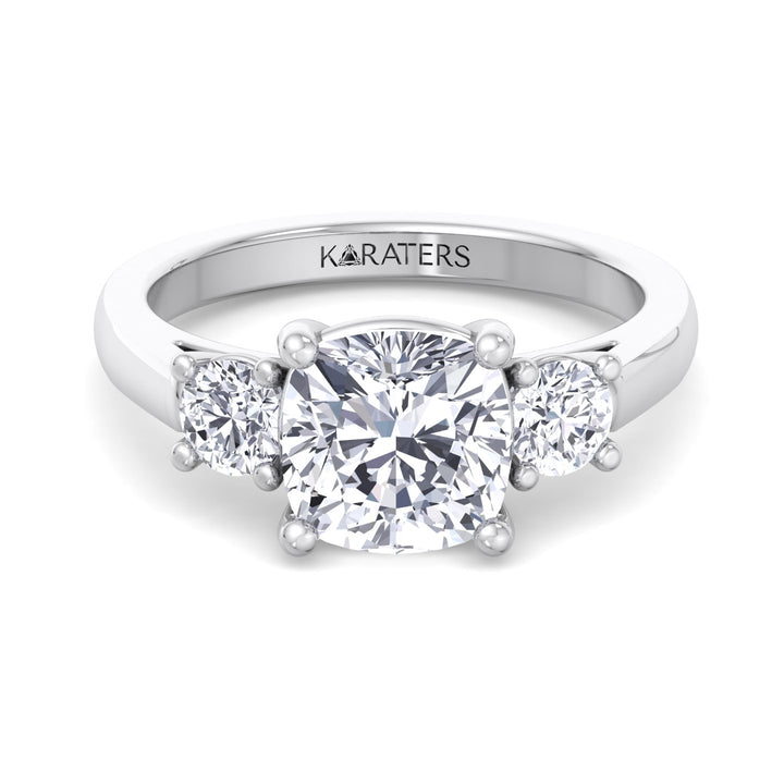 Cushion Cut Solitaire Lab Grown Diamond Engagement Ring With Round SideStones
