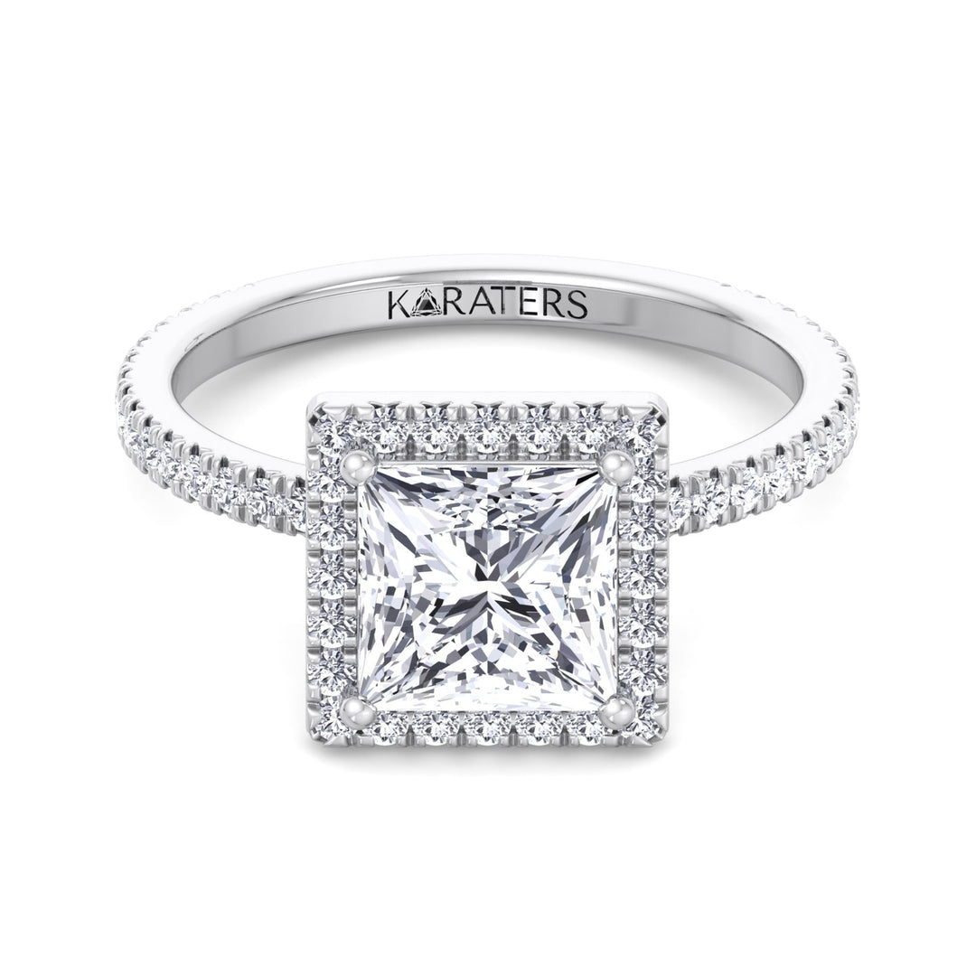 Princess Cut Lab Grown Diamond Engagement Ring With Pave SideStones & Halo