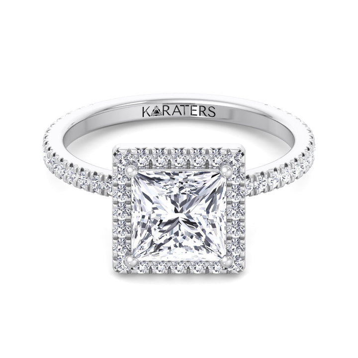Princess Cut Lab Grown Diamond Engagement Ring With Pave SideStones & Halo