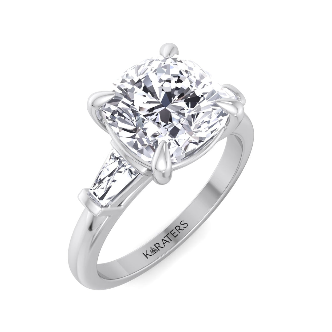 Cushion Cut Solitaire Lab Diamond Engagement Ring with Tapered Baguette SideStones