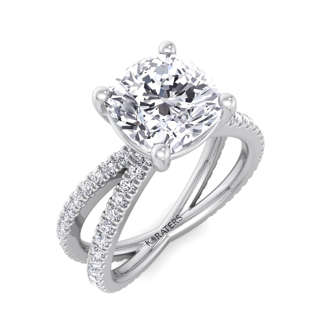 Cushion Cut Lab Grown Diamond Engagement Ring with Double BAND SideStones