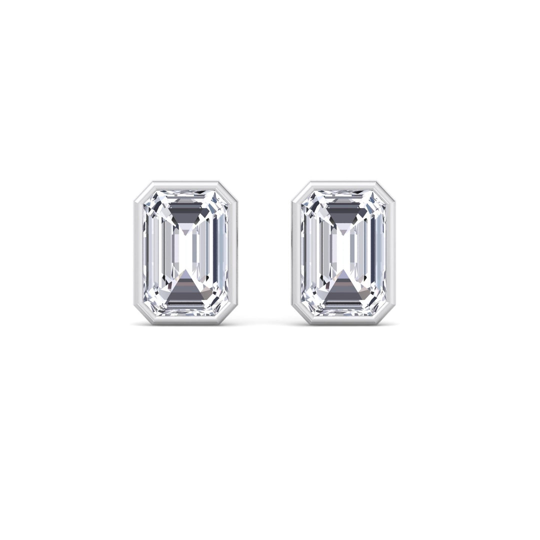 Bezel Set Emerald Shape Lab Grown Diamond Studs White Gold