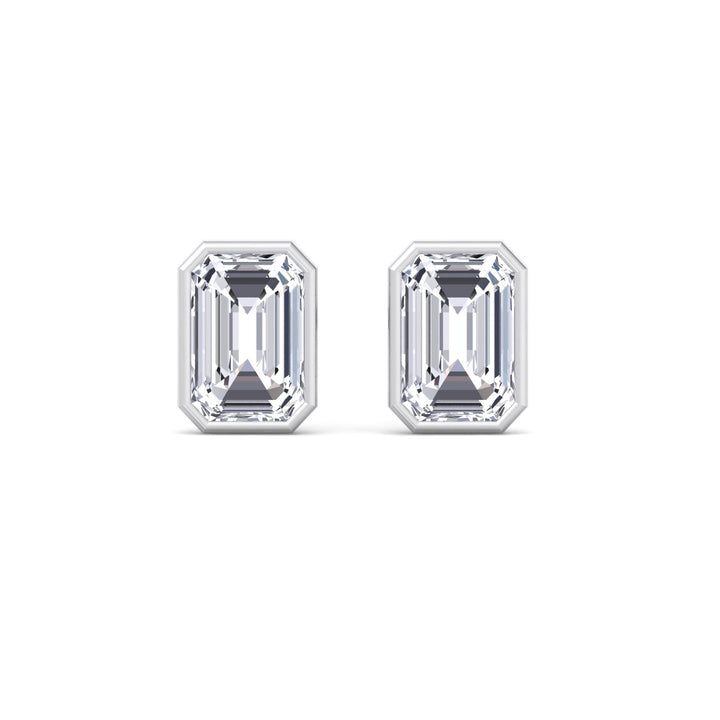 Bezel Set Emerald Shape Lab Grown Diamond Studs White Gold