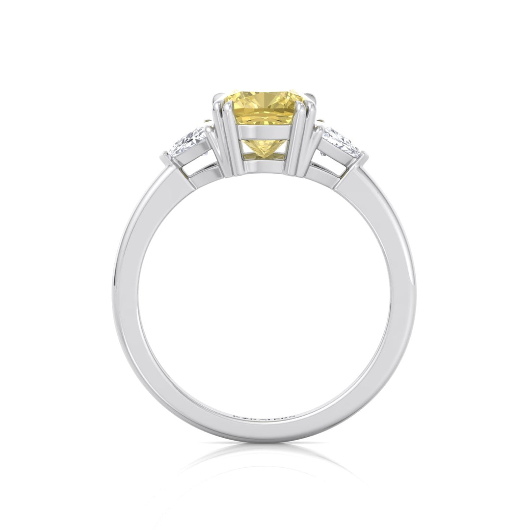 Fancy Yellow Cushion Cut Lab Grown Diamond Engagement Ring with Trillion Sidestones White Gold