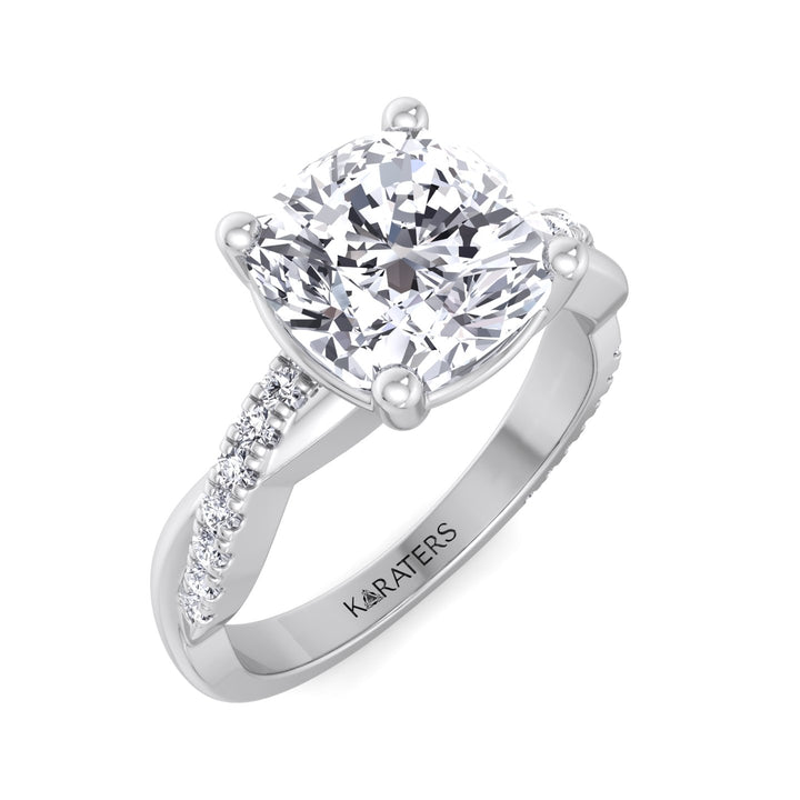 Cushion Cut Lab Grown Diamond Engagement Ring With Twist Band & SideStones