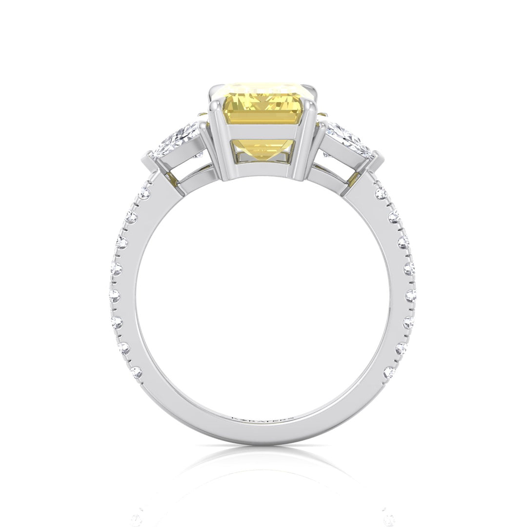 Fancy Yellow Emerald Shape Lab-Grown Diamond Engagement Ring with Trillion and Pave Sidestones